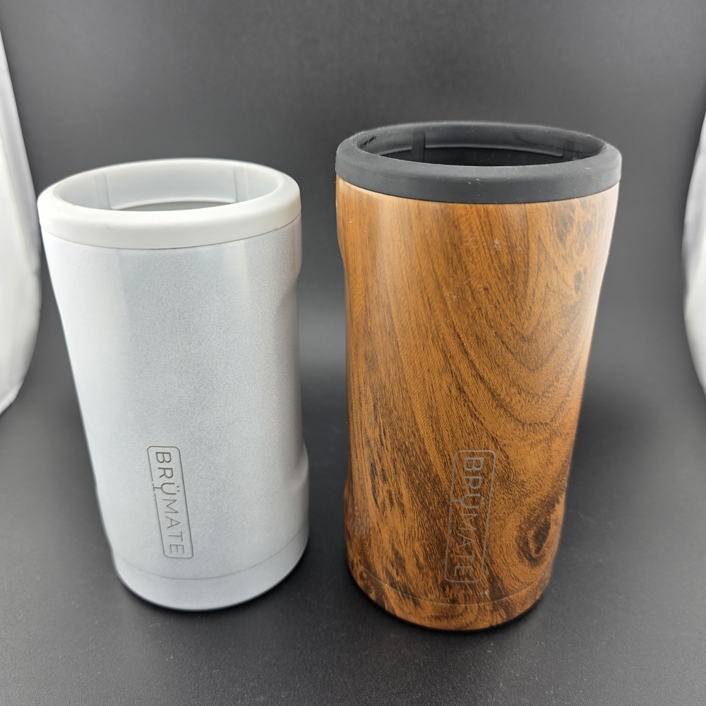 BrüMate Insulated Koozie Drinkware Set - White Holygraphic and Wood Set Of 2